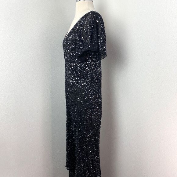 Vintage Black Bead Sequin Maxi Evening Dress Size 6 Formal Party Glam Goth Noir - Picture 7 of 13